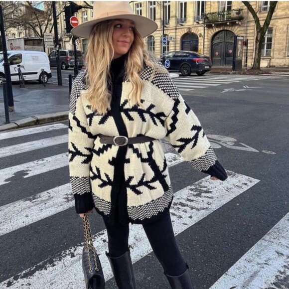 NWT ZARA Jacquard Cardigan Ecru Black M Blogger’s Favorite - Picture 13 of 16